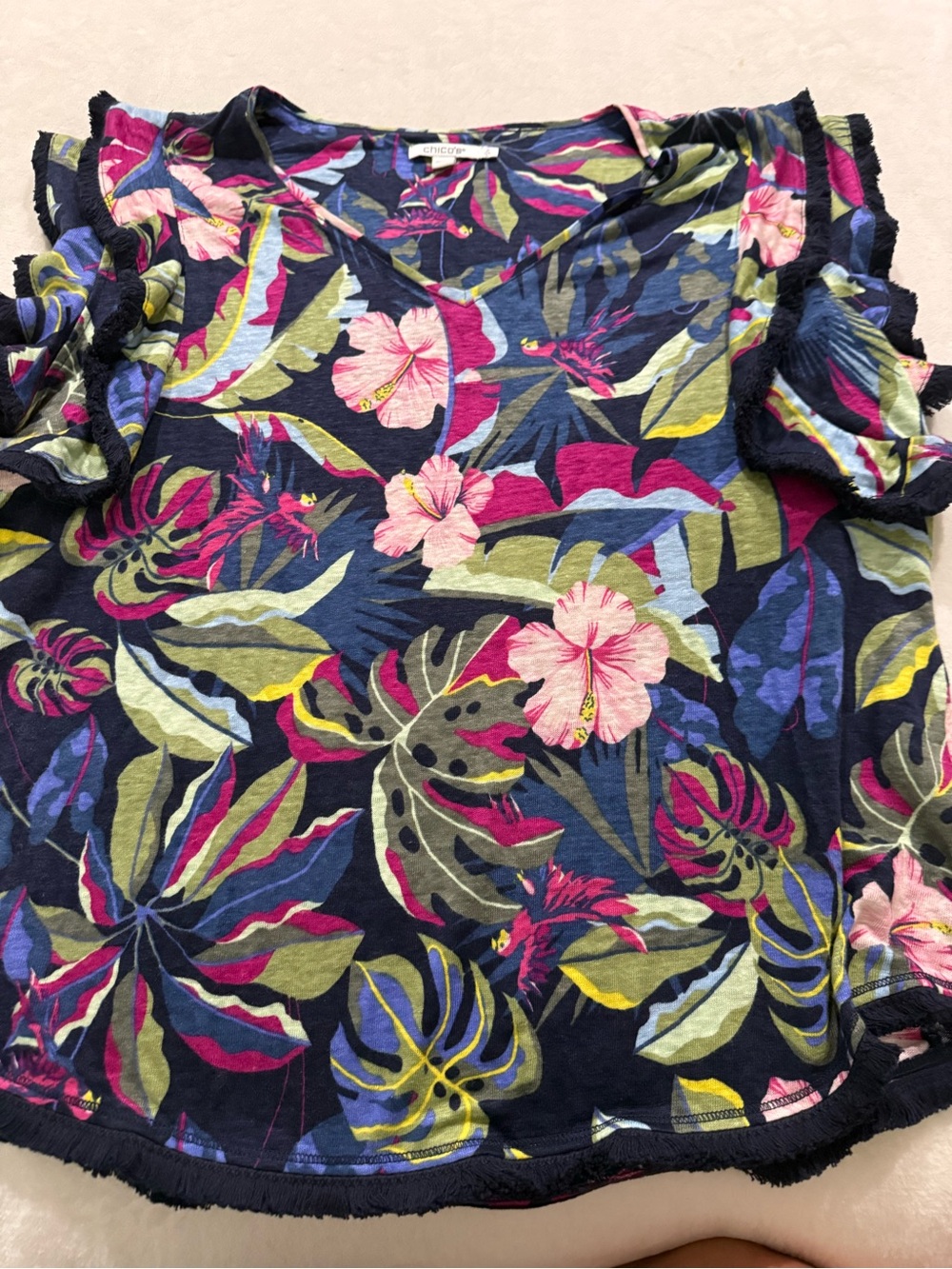 Chicos 2 Sz L Womens Linen Top Tropical Floral Short Sleeve Flutter Fringe Trim